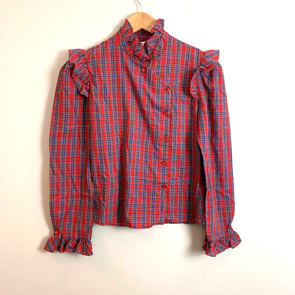Vintage Red Plaid Shirt Blouse Ruffle Girls 7 8